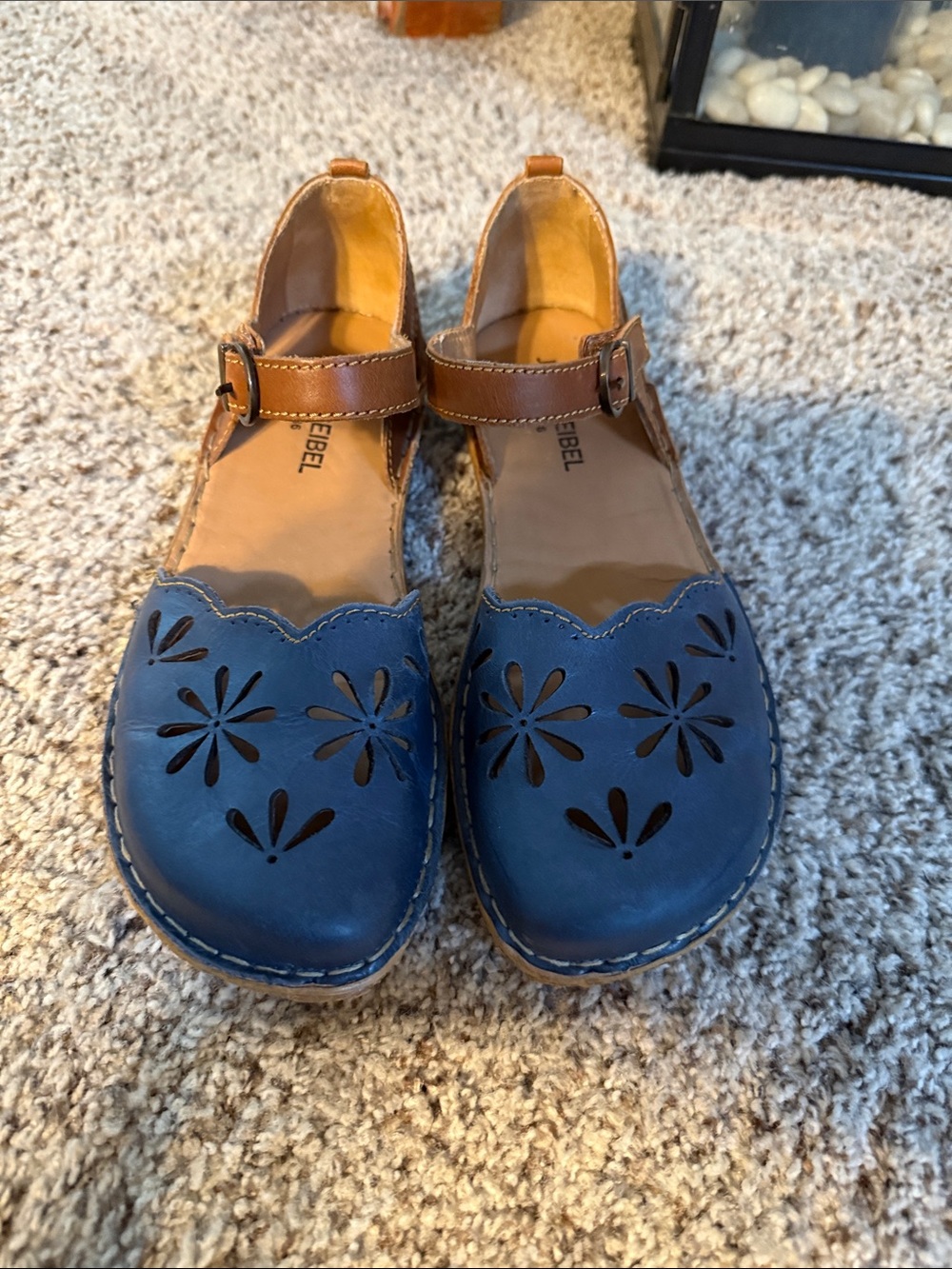 Josef Seibel Navy Blue and Tan Leather Floral Cutout Mary Jane Flats